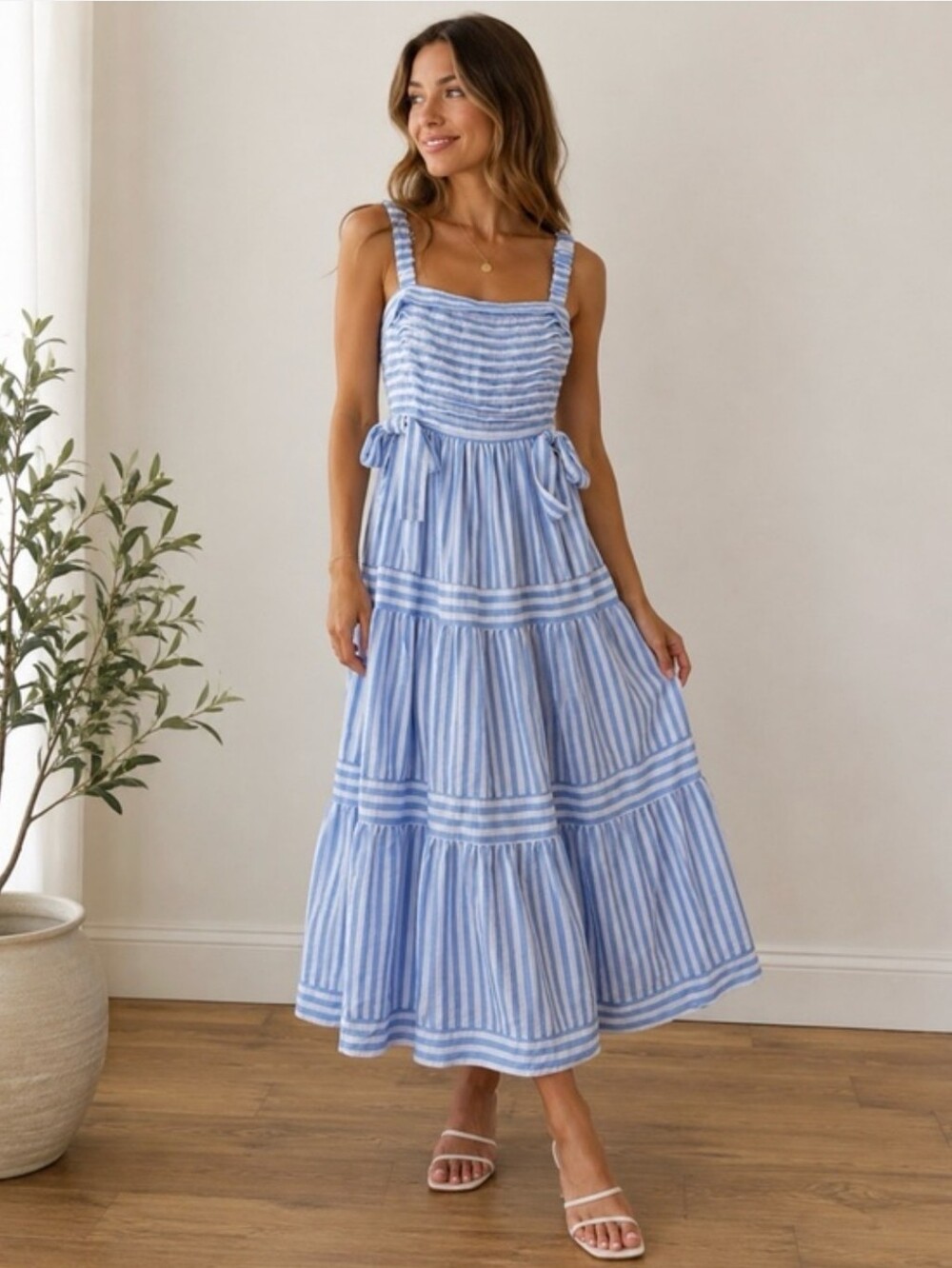 Anthropologie By The River Tiered Blue White Striped Tiered Sundress L EUC